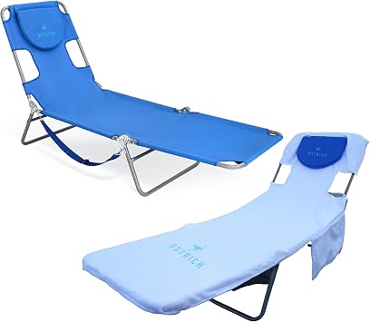 Ostrich The Original Chaise Lounge Portable Reclining Beach Chair, Ocean Blue - Bundled with Custom Fitted Towel Cover, White