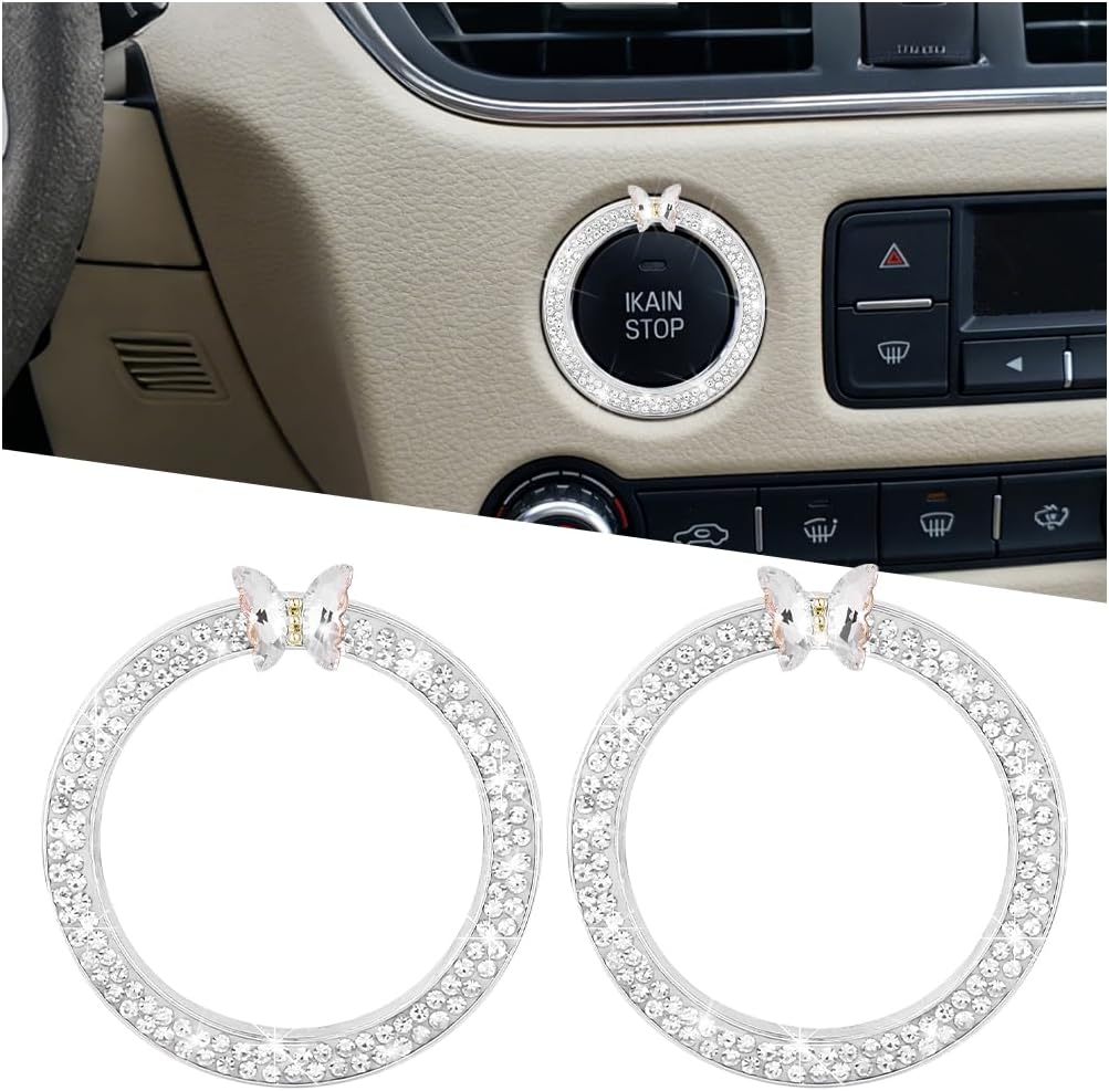 2PCS Bling Butterfly Car Engine Push Start Button Decoration Ring, Glitter Crystal Rhinestone Key Ignition Knob Cover Sticker, Diamond Push to Start Stop Ring, Universal for Vehicles (White)