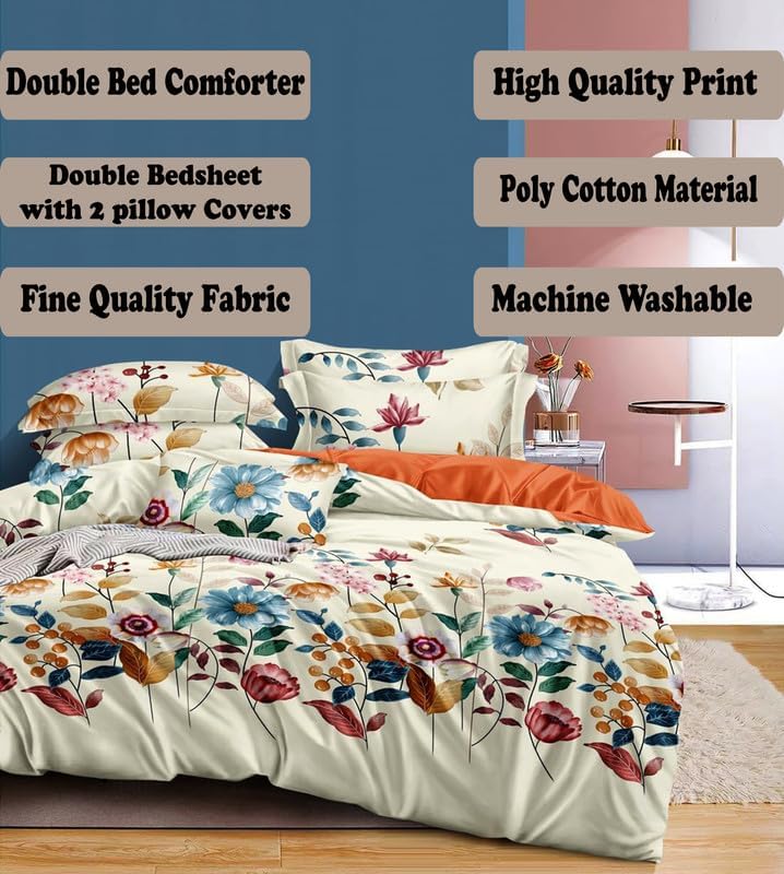 Image of Polycotton Printed 120 TC Comforter & Bedsheet Double Bed Bedding Set, Queen Size (90x100 inch), Multi & Cream, 4 Pieces
