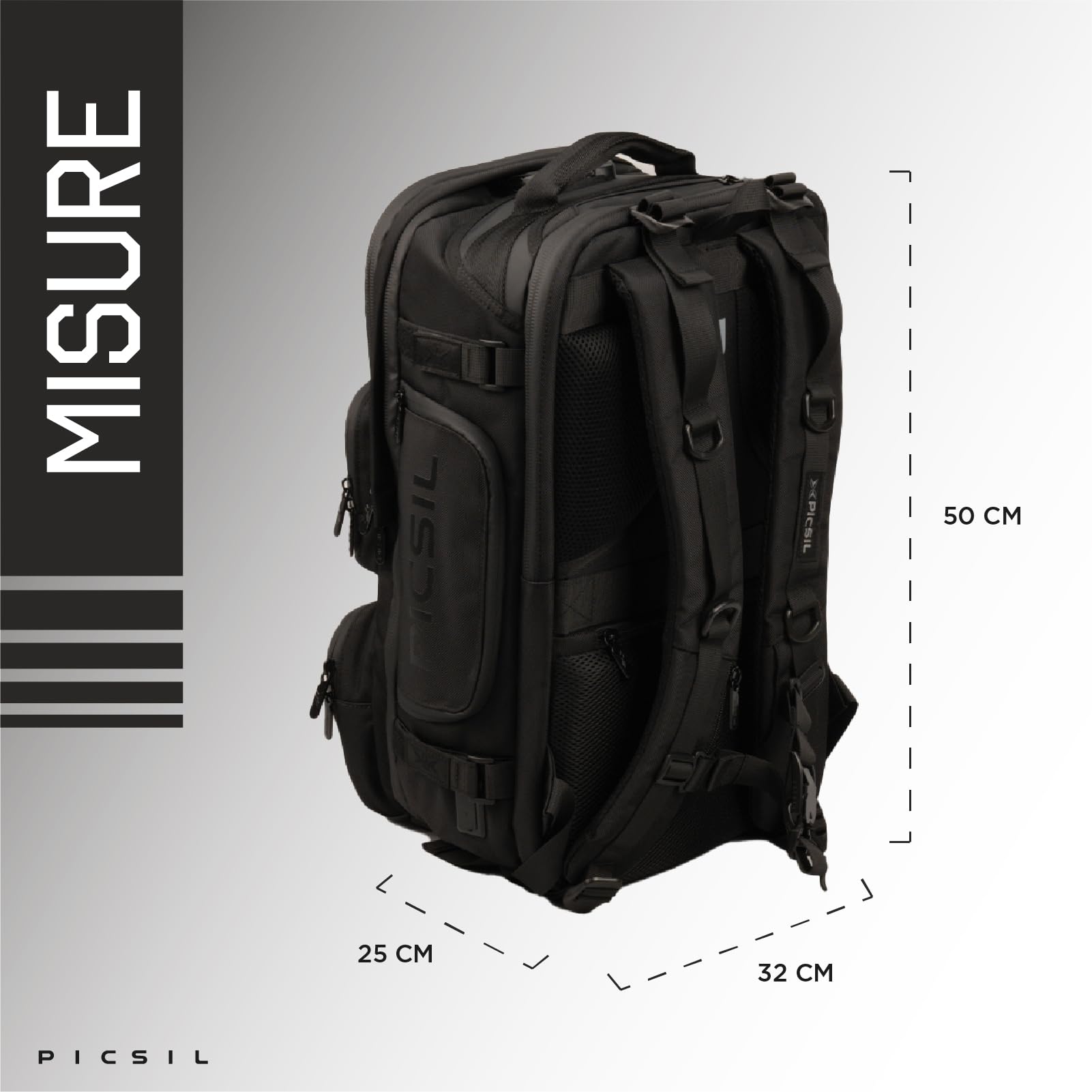 PICSIL Maverick 2. Zaino Tattico 4L Impermeabile con Porta PC - Moonless | Zaino palestra e viaggio con scomparto laptop, porta USB-C, tasche organizer, cerniere rinforzate e spallacci imbottiti.