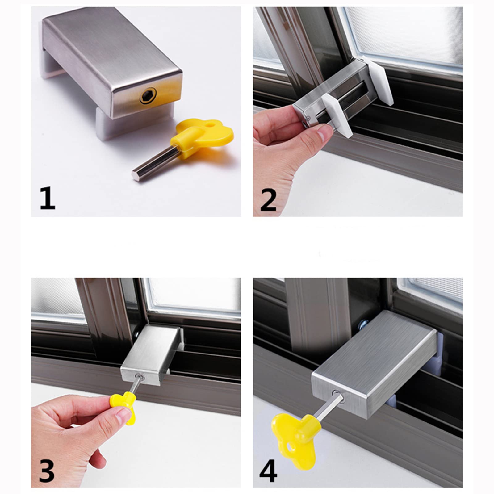 Paquete de 4 cerraduras de seguridad para ventanas para niños, limitadores de puerta corredera con llaves, topes de límite de aluminio y plástico, a prueba de niños, topes de ventana seguros