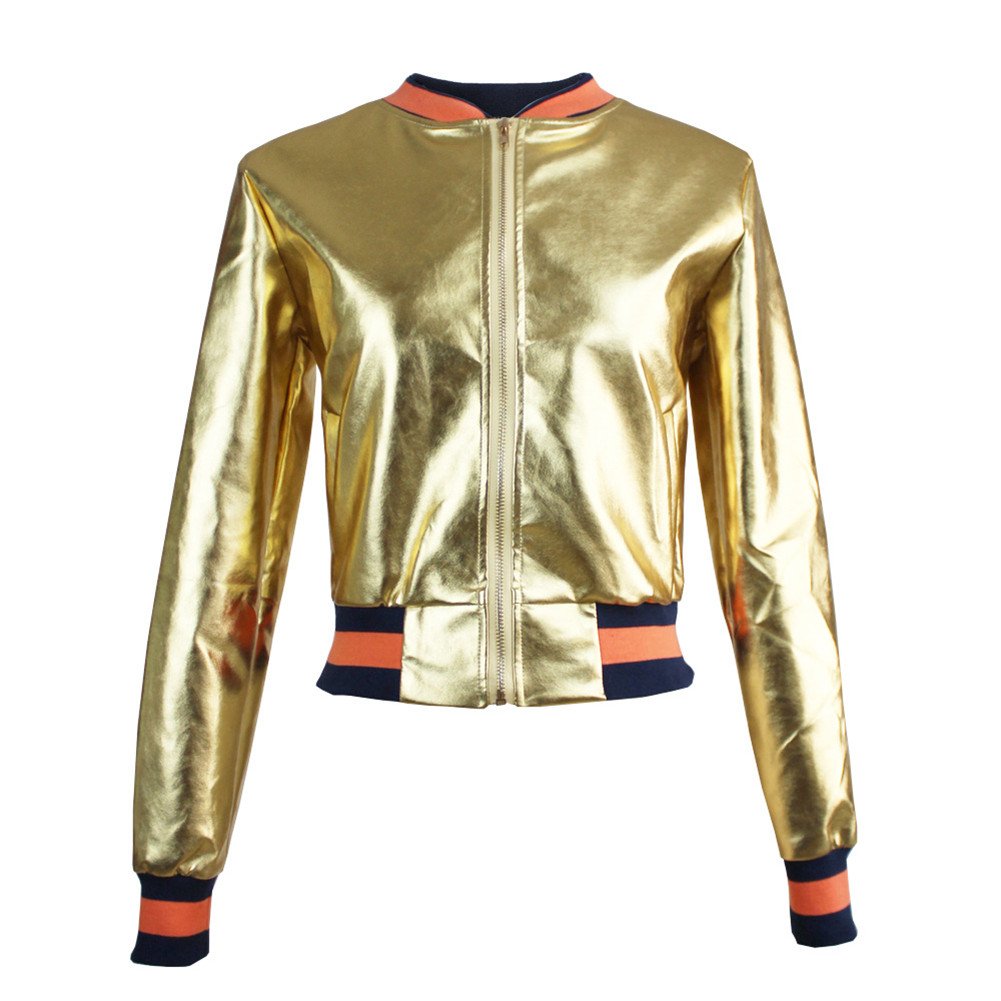 Women Slim Fit Gold Baseball Varsity Bomber Jacket Coat Outwear