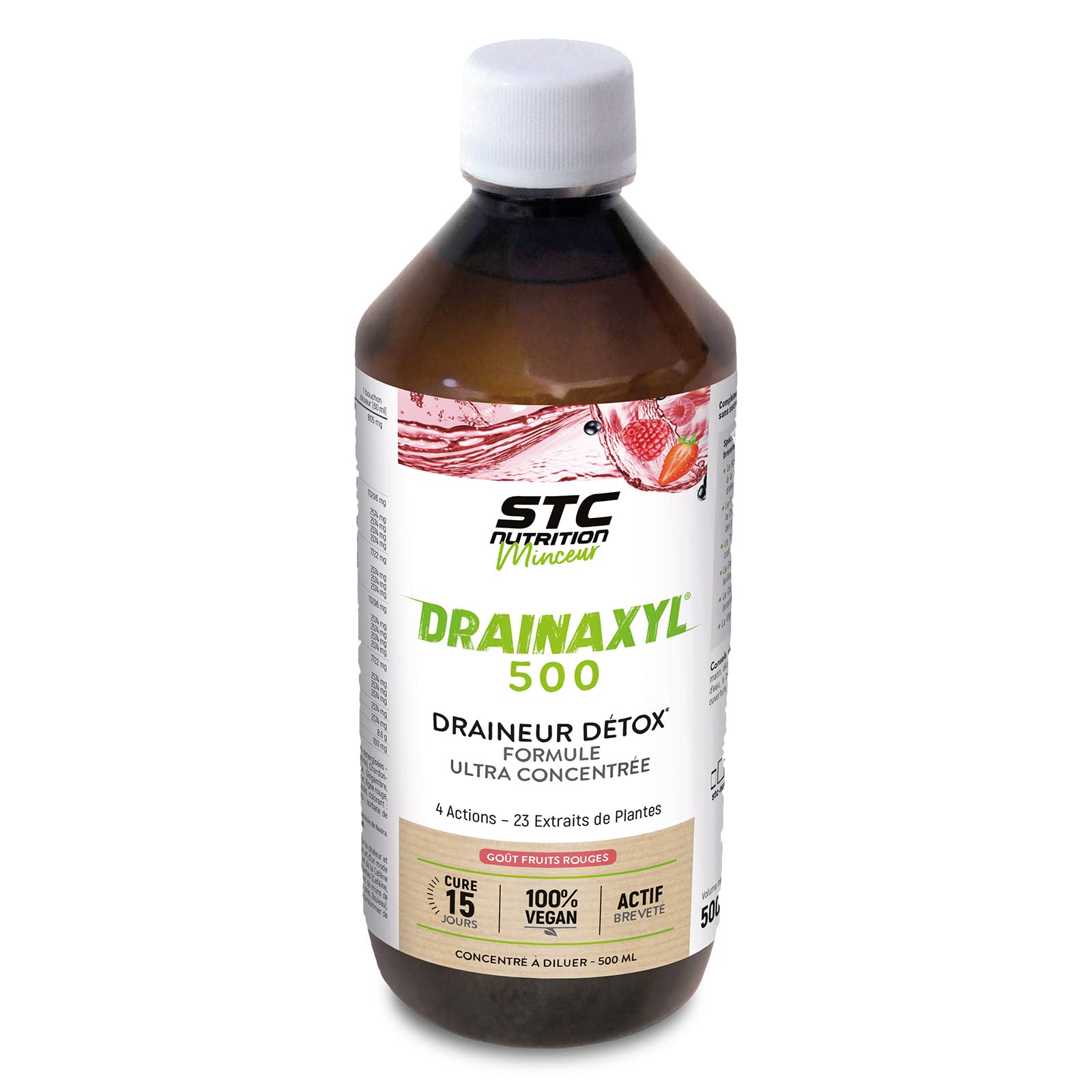 STC NUTRITION - Drainaxyl 500-4 actions : Brûle-graisses, Digestion ventre plat, Circulation jambes légères, Drainant, Détoxifiant - 23 Extraits de plantes dont Elim'Real® - Goût fruits rouges-500ml