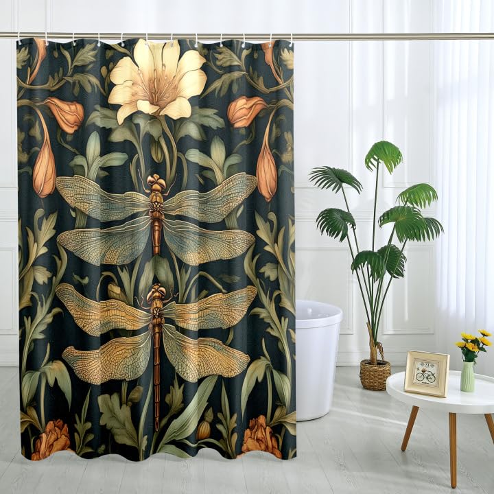 Floral Shower Curtain, Botanical Dragonfly and Flower Shower Curtain for Bathroom Decor, Spring Summer Vintage Green Waterproof Fabric Shower Curtain