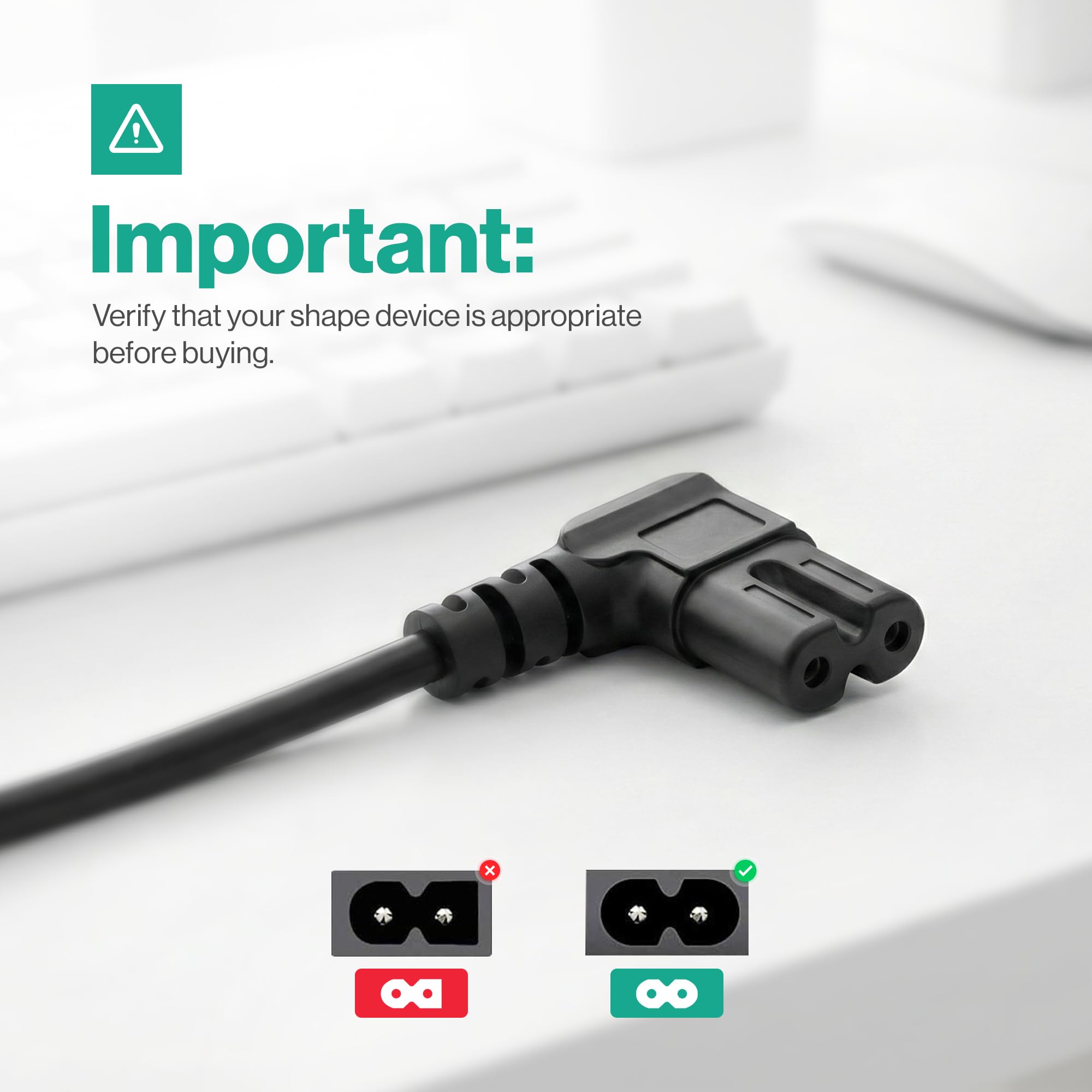 AC 90 Degree Right Angle 2 Prong TV Power Cord Replacement 5ft L Shaped Angled IEC C7 TV Cable for Samsung, LG, TCL, Hisense, Sony, Vizio, Insignia, Sharp, Toshiba — view 2