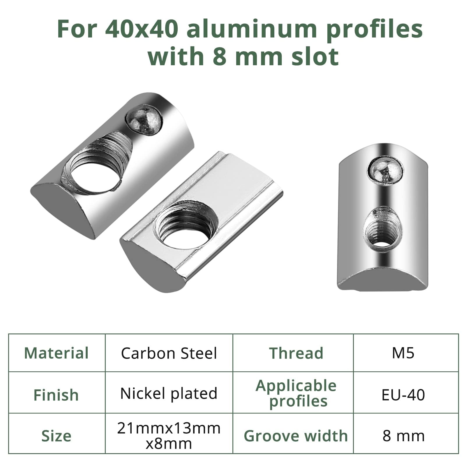 100x EYPINS Nutensteine mit Kugel Nut 8, M5 Hammermutter mit Zentrierung Steg, Gleitmuttern 40x40 Stahl Verzinkt Nutmuttern T-Nut M5 Gewinde für 3D Drucker, CNC, Aluprofil-Extrusionsschlitz 40-Serie