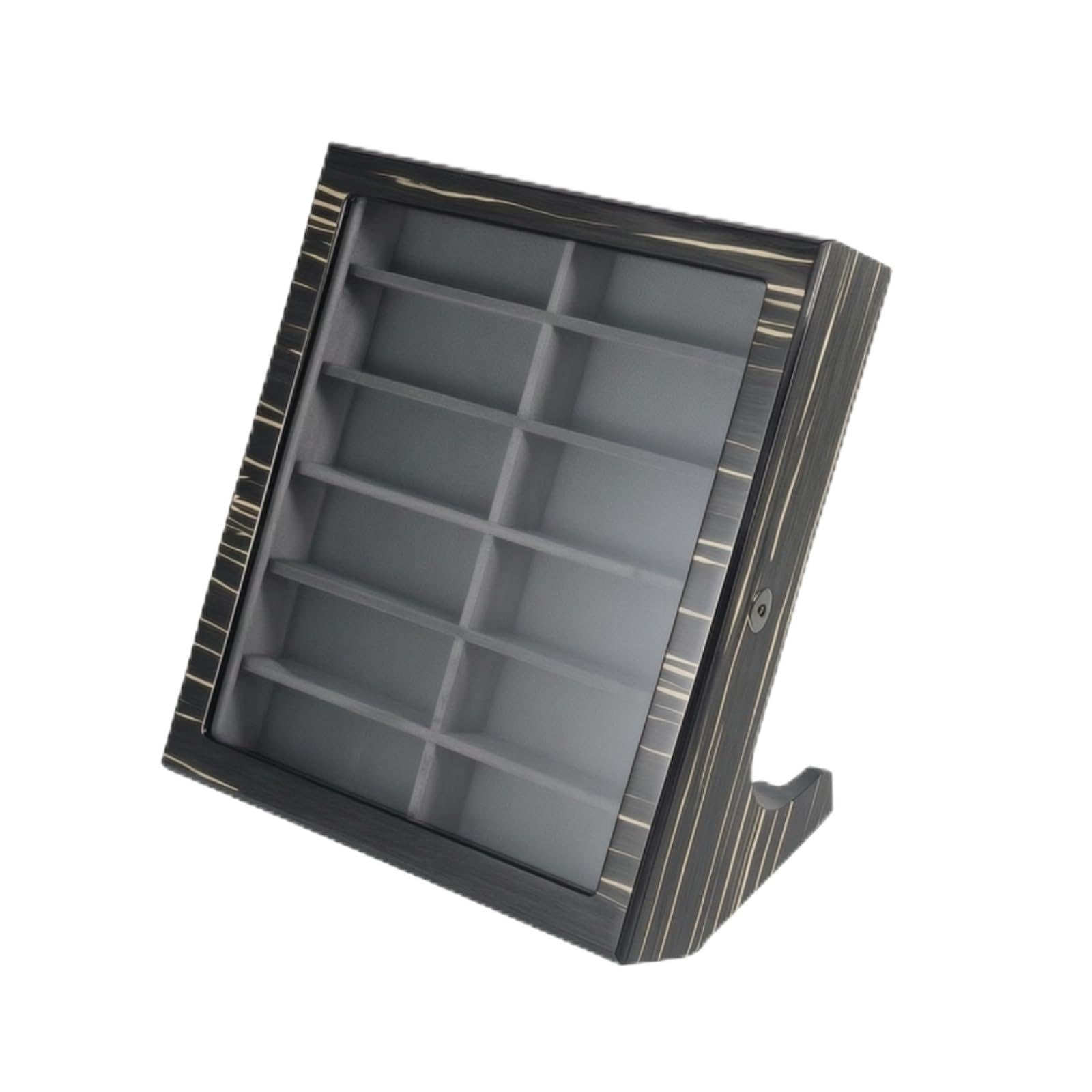 Brillendisplay aus 12 Fächer Brillenaufbewahrungsbox abschließbar Brillen-Organizer für Brillenträger, Sammler, Kommode, Array, Schwarz-Weiß Wurzelmaserung, Grauer Samt, Klappdeckel