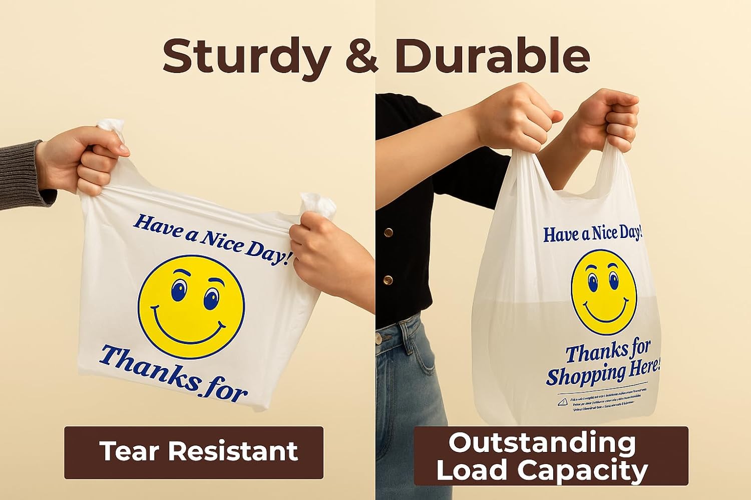 Happy Smiling Face Thank You Plastic Bags | 17.5" x 11" x 6" For Small Business, Retail, Grocery (1/8 Size),Take Out