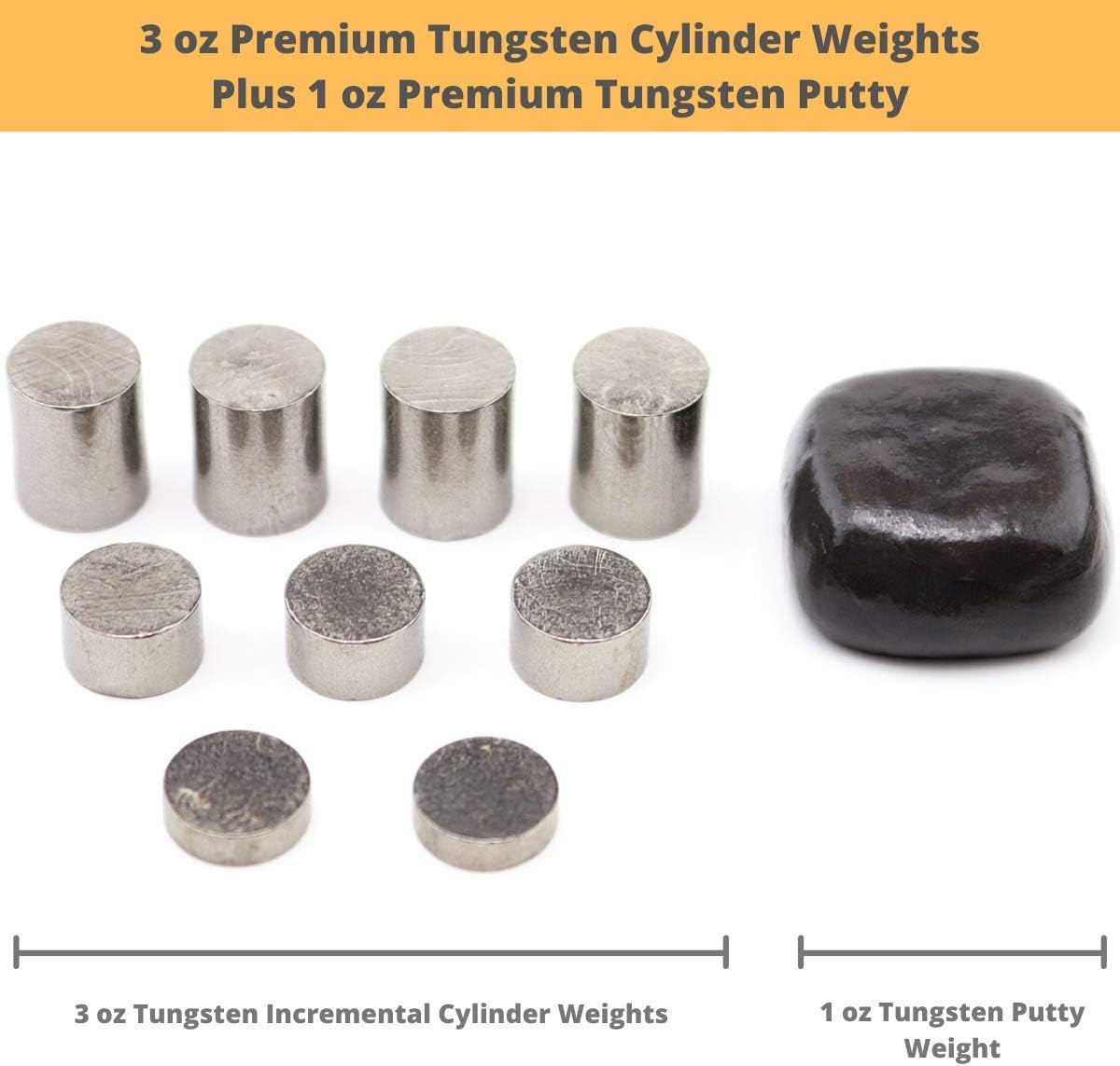 Weights for Pinewood Car Derby - Tungsten 4 oz Power Bundle - 3 oz Premium Tungsten Incremental Cylinder Weights + 1 oz Putty Weight - Designed for Pine Race Car Builders - Ultra High Density
