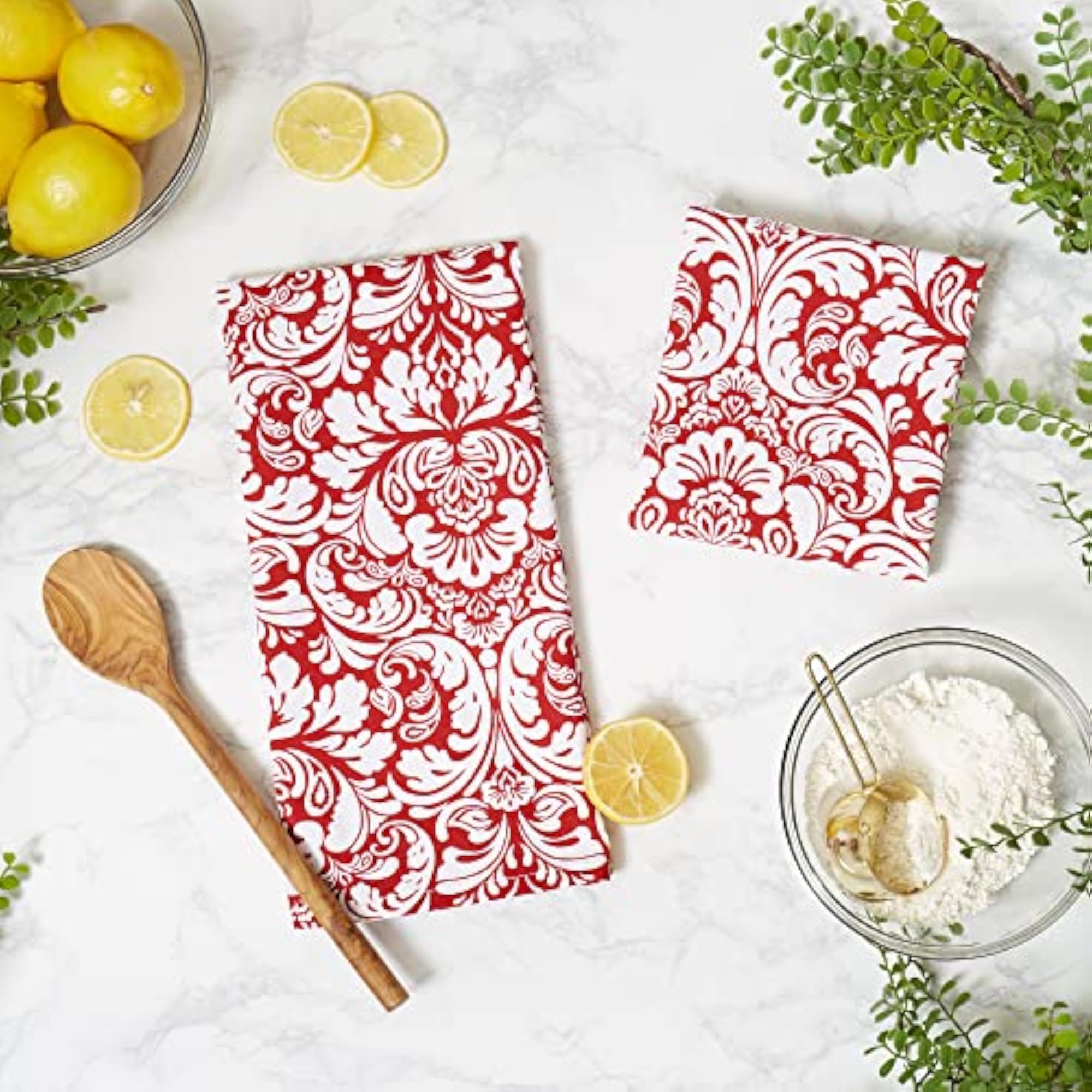 Cotton Dish Towel Set Damask Print, 18x28, Tango Red