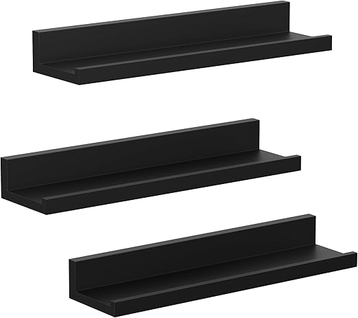 SONGMICS Floating Shelves, Set of 3 Wall Shelves, 15-Inch Wide, for Photo Frames and Trinkets, for Living Room, Home Office, Kitchen, Bathroom, Black ULWS38BK