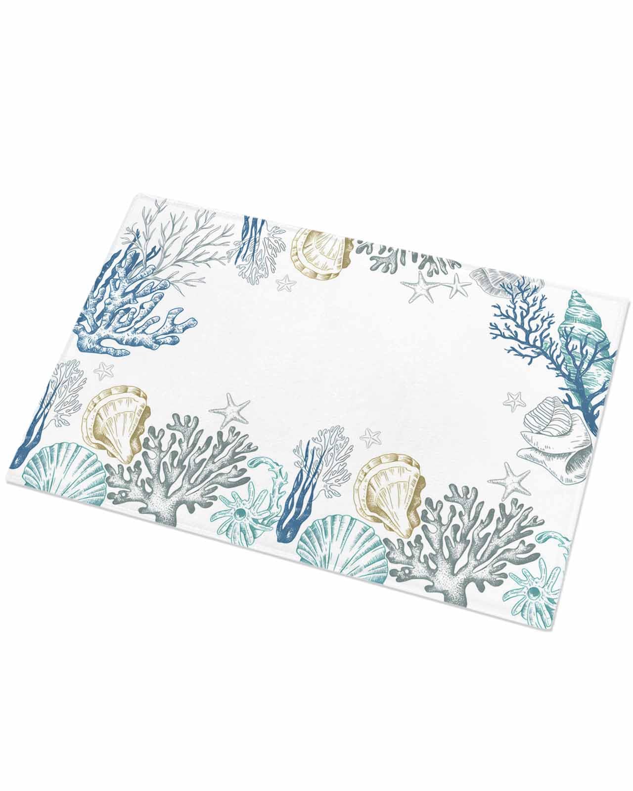 Indoor Doormat Ocean Coral Seashell Marine Life,Shaggy Floor Mat with Non-Skid Backing Teal White,Machine Washable Plush Area Rug Carpets for Kitchen Nursery Bedroom