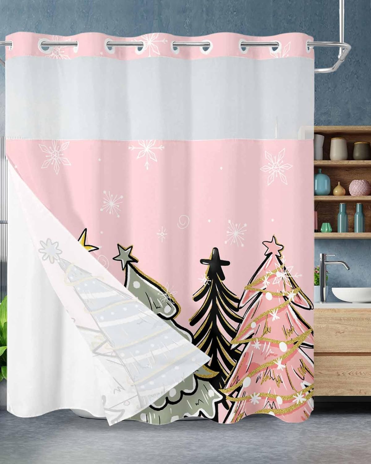 No Hook Shower Curtain with Snap in Liner Christmas Winter Snowflakes Pine Tree Simple Pink Shower Curtain for Bathroom, Fabric Waterproof Inner Liner, Hotel Style with Mesh Top Window, 72x72
