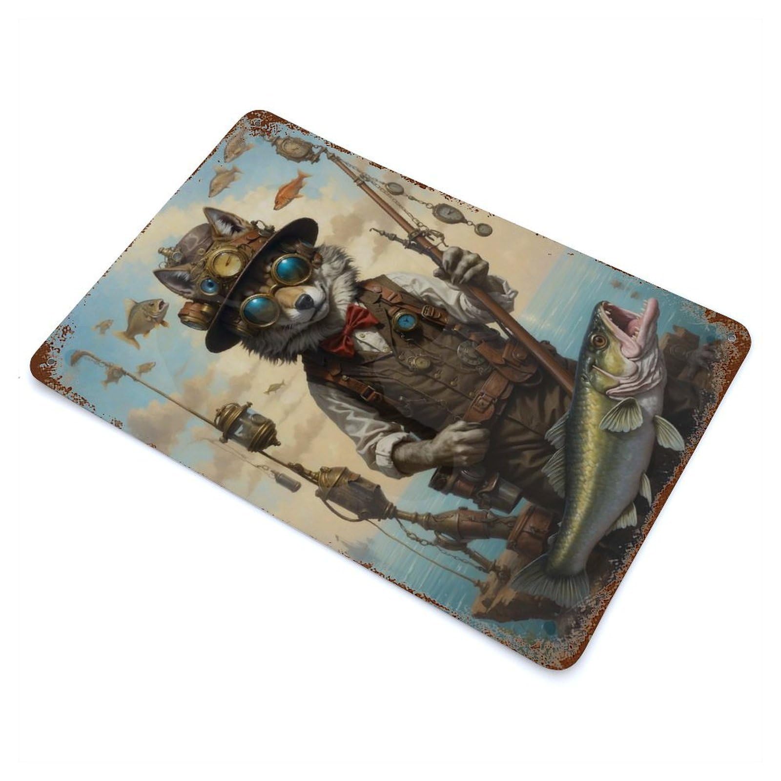 Steampunk Wolf Fishing Rustic Tin Plaque 11.8"x7.9", Ideal for Cafe, Home Bar And Lounge Decor