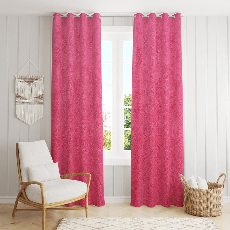 Image of Suede Velvet Embossed Room Darkening Door Curtain for Living Room, Bedroom, Hallway, 8 feet Long, Pink, Set of 1
