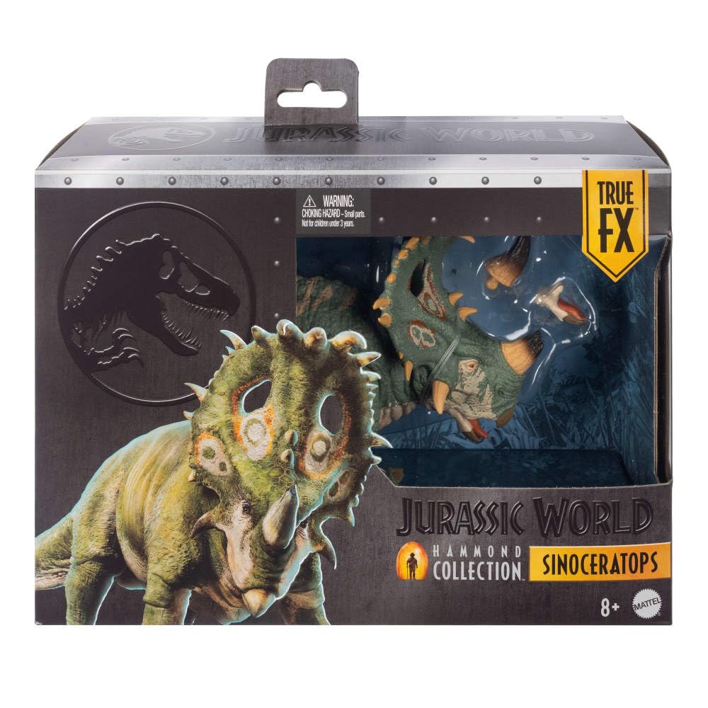 Mattel Jurassic World Kolekcja Hammonda Sinoceratops, figurka dinozaur deluxe, duża zabawka, punkty ruchu, ogon do ustawiania w różnych pozach, zabawka dla dzieci 8+, JKG88