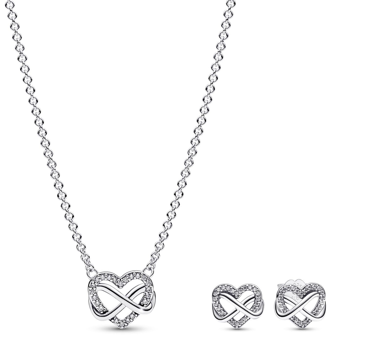 PANDORA Damen-Geschenkset Funkelndes Unendlichkeits-Herz 68321 | 925 Silber Halskette mit passenden Ohrringen elegante Geschenkidee für Frauen