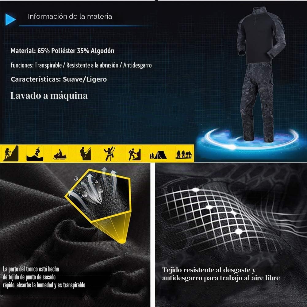 YUSHOW Traje Airsoft Camisa de Paintball Pantalones Militares de manga larga 1/4 Zip camuflaje Uniform Caza Escalada BDU
