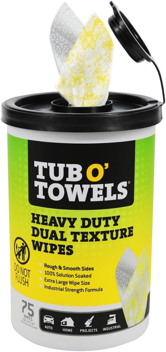 Tub O' Towels TW75 Heavy-Duty Multi-Surface Cleaning Wipes – Dual Texture 10" x 12" XL, 75 Count – Removes Grease, Tar, Oil, Paint, Ink & Tough Stains – Degreaser for Home, Garage, Auto & Workshop