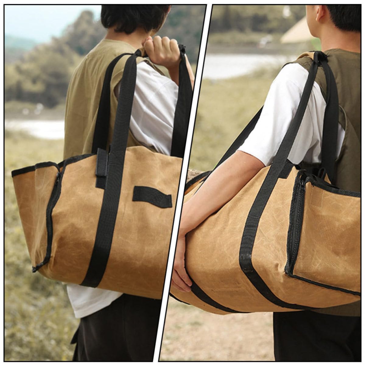 Borsa per Legna in Canvas Manici Doppi, Pratico Contenitore per Legna da Ardere, Borsa Portabile per Campeggio in Stile Semplice