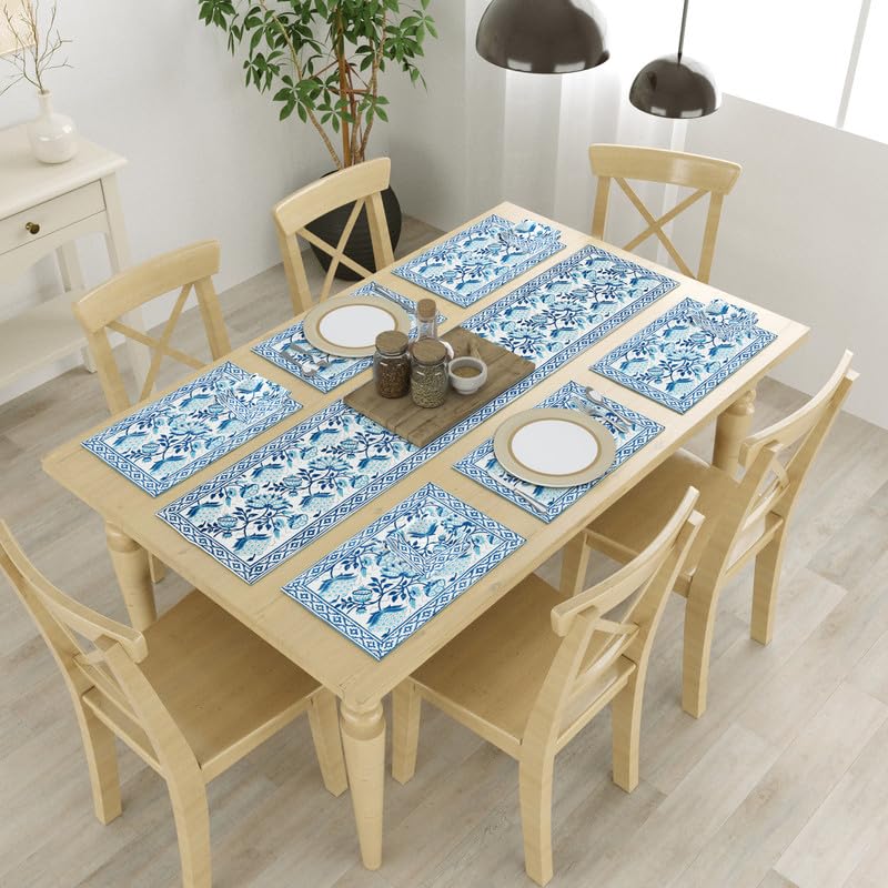 Image of BLOCKS OF INDIA Hand Block Printed Cotton Table Runner, Mat and Napkin Set for Center /Dining Table (Blue JAAL), 13 pc Set