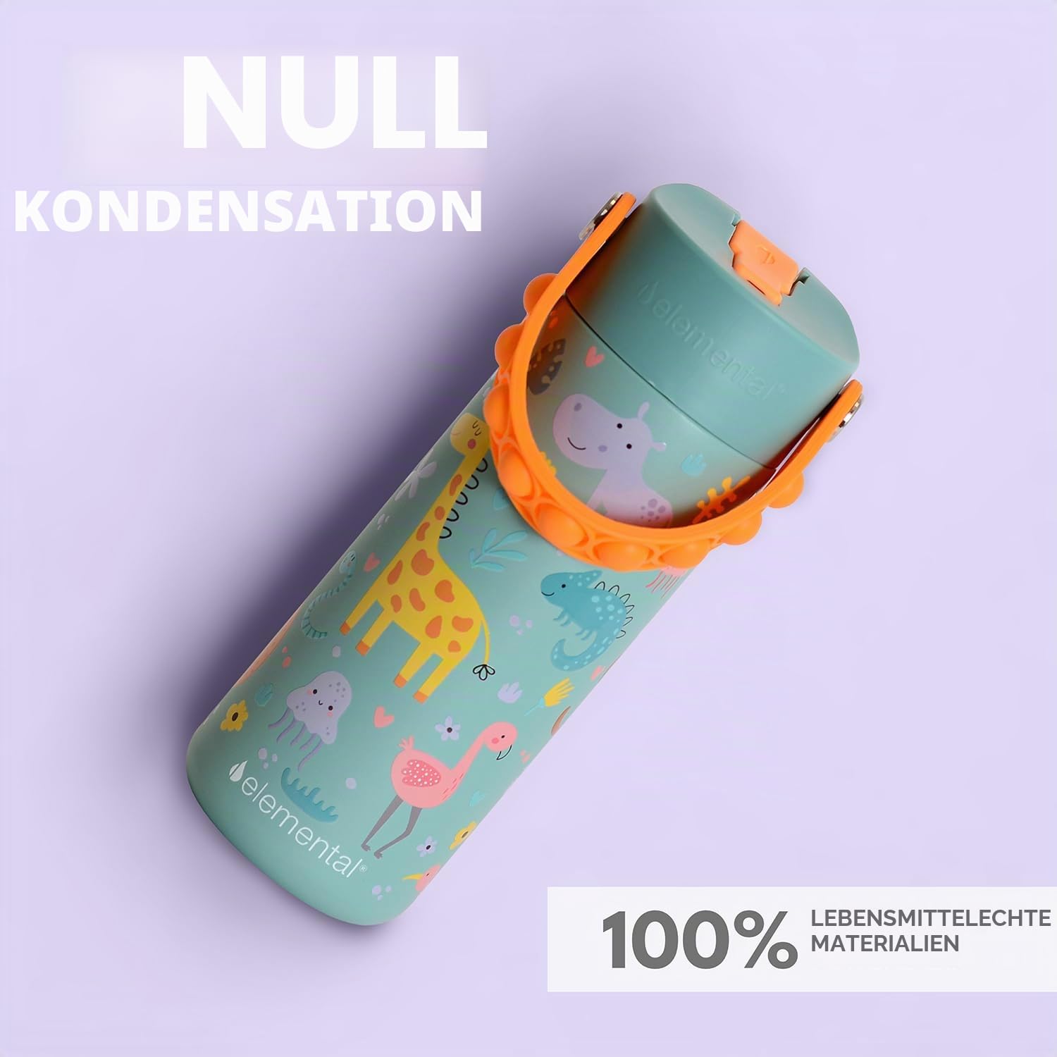 Elemental Isolierte Kinder Wasserflasche - Edelstahl Wasserflasche mit Strohhalm Deckel und Pop-it-Griff, auslaufsichere Wasserflaschen für Schule, Reisen und Sport - 530 ml - Safari