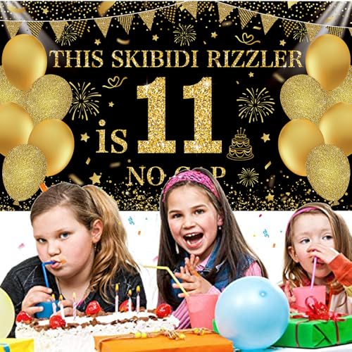 Image of Black Gold This Skibidi Rizzler is 11 No Cap Happy Birthday Backdrop Banner Photography Background Decorations for Boys Girls 11th Year Bday Party Accessories Supplies 72.8 * 43.3in