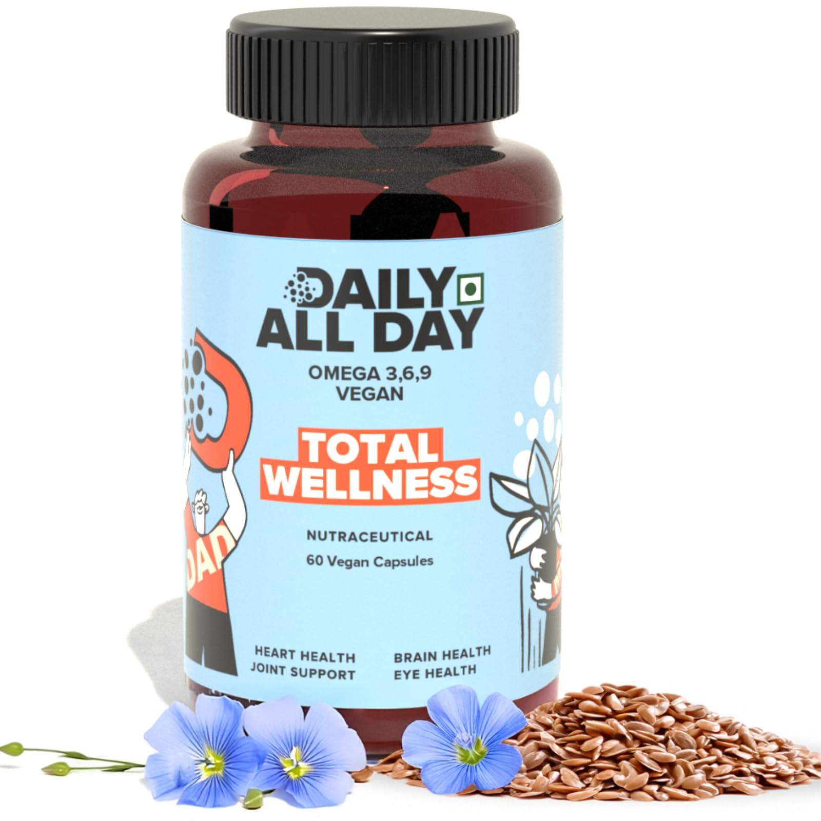 Daily All Day Omega 3 6 9 Vegetarian Capsule supplement, 1000mg, Fatty Acid, Vegan Flaxseed oil, Heart Health, Brain, hair and skin, Joint Pain & Eyes, EPA DHA Herbal for Men Women