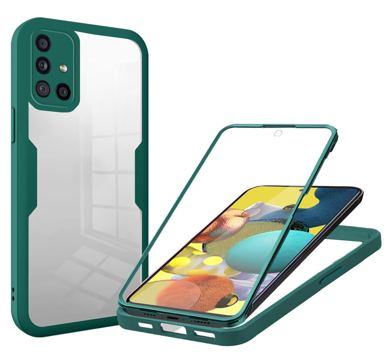 Compatible with Samsung Galaxy A51 4G Case [Built-in Glass Screen Protector] Touch Full Body 360 Shockproof TPU Stylish Bumper Transparent Back Case Cover for Samsung Galaxy A51 4G (Green)
