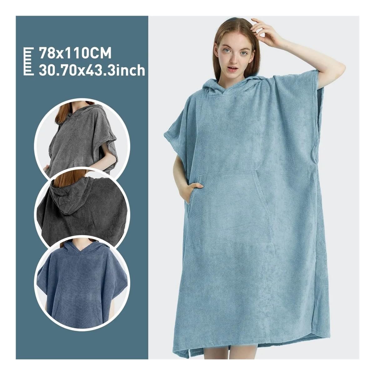 Surf Poncho Handtuch Poncho Schnell Trocknendes Handtuch Hoodie Mikrofaser Strandmantel (Hellblau)