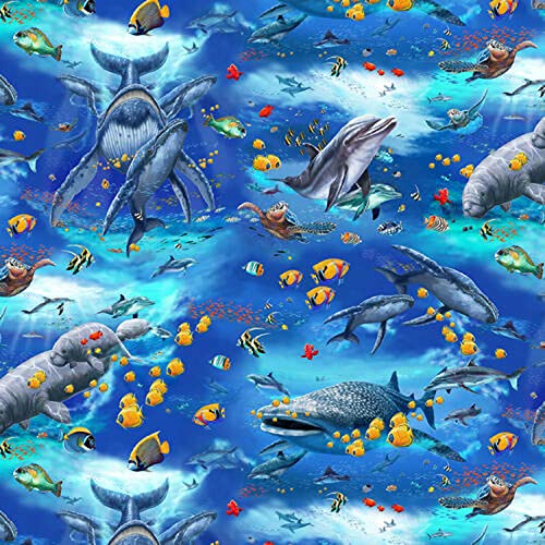 Ocean Reef Bliss: Premium 100% Cotton Fabric Featuring Vibrant Marine Life by the Yard