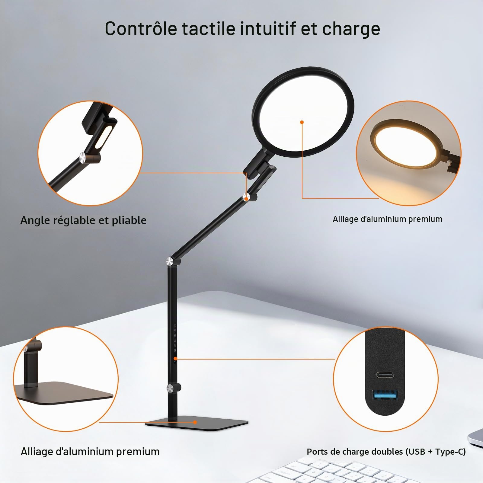 Comely LED lampe de table noir Touch Dimmbar 15W LED lampe de nuit avec USB C charge 2700K–6000K Ra97 lampe de bureau Lumière nocturne pour chambre Bureau Salon