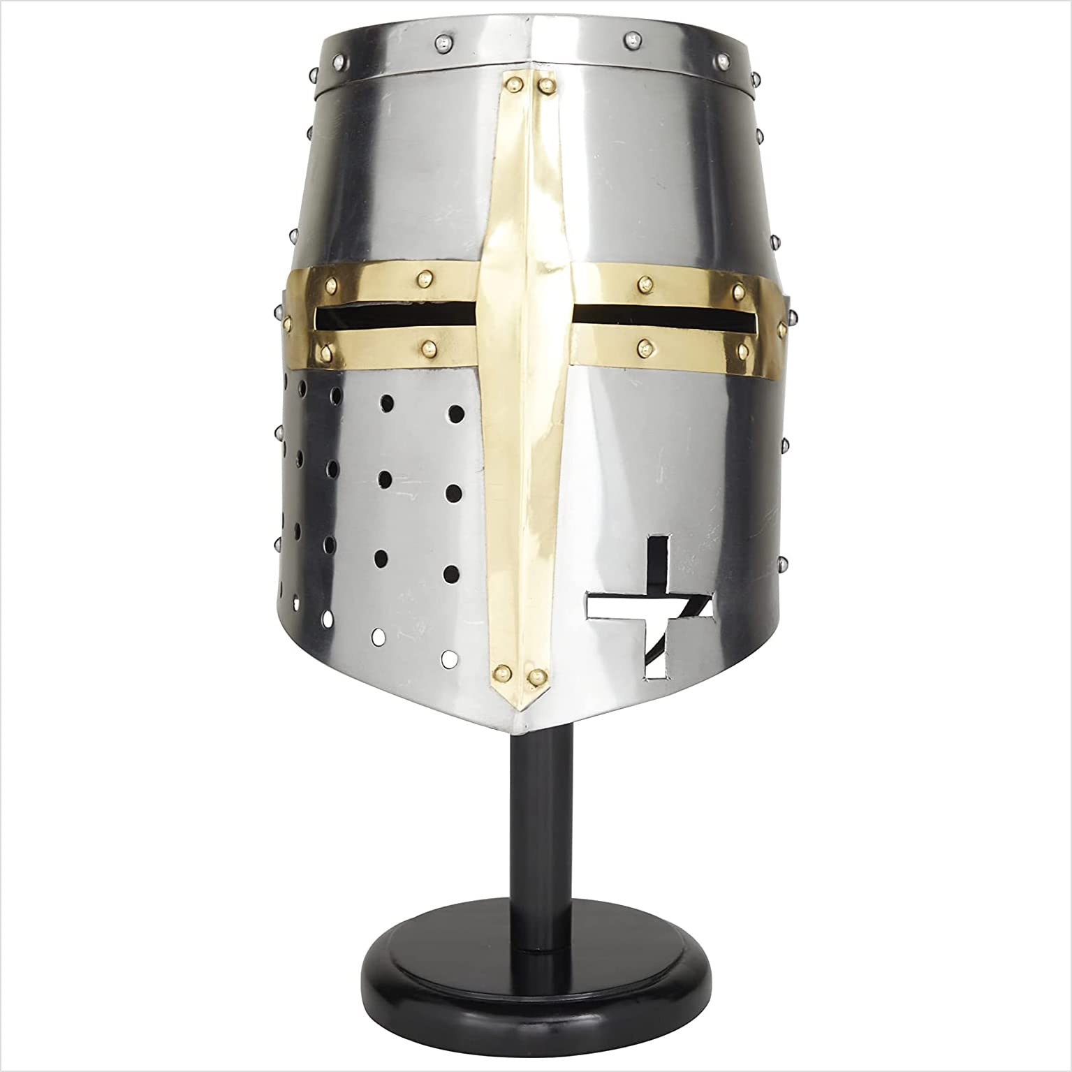 Nagina InternationalMedieval Templar Crusader Knight Armor Helmet With Round Black Wooden Stand | Greek Roman Spartan Armour | Silver Gold Helm A+ | Wearable for Adult Costumes