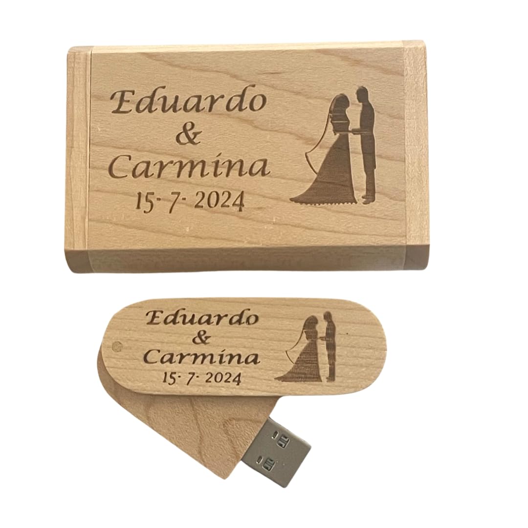 Regalo Grabado - 1 Memoria Personalizada 32GB o 64 GB USB 3.0 | Pendrive con Caja Madera Natural | Grabado de Texto o Logo Boda, Cumpleaños, Empresa | Unidades 1