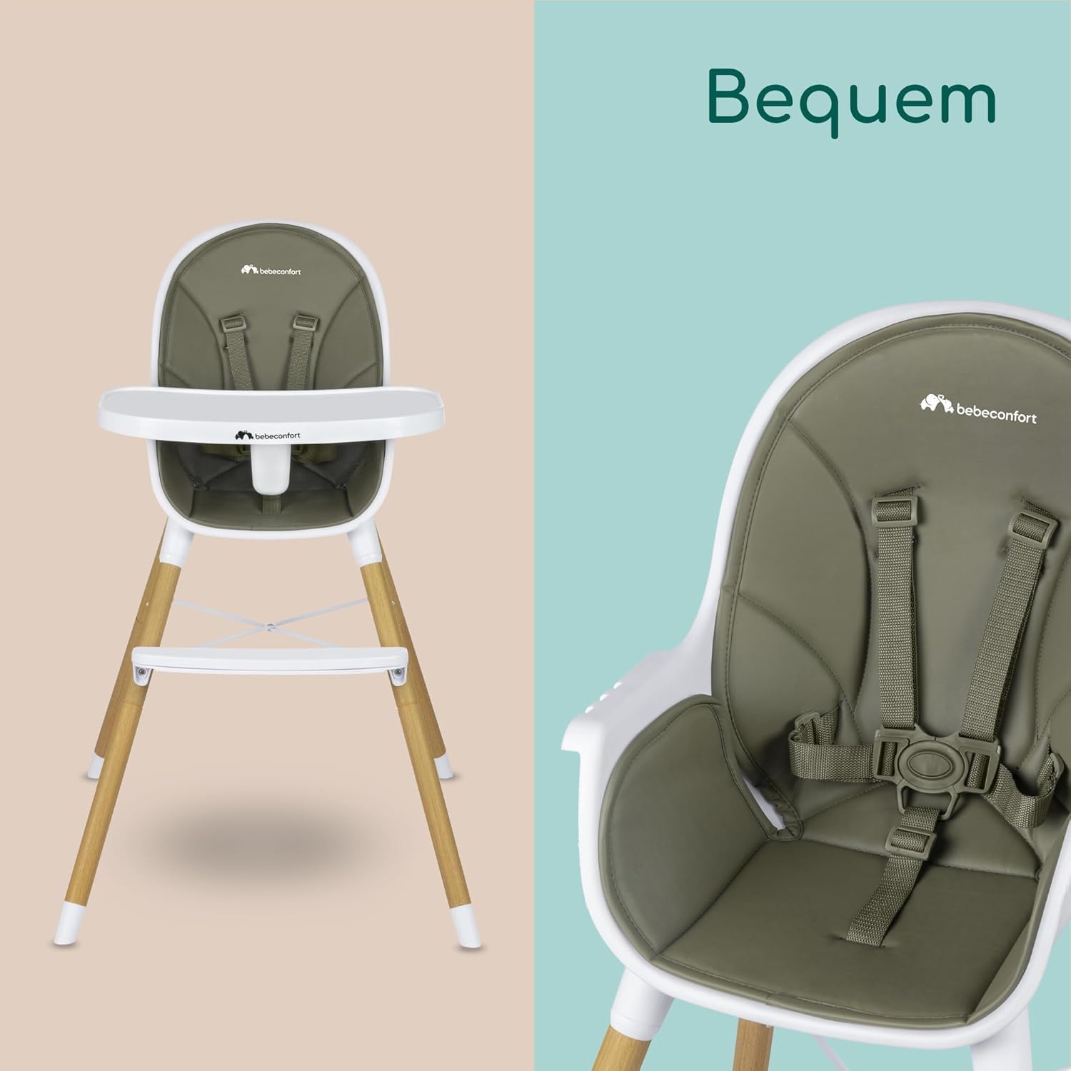 Bebeconfort Avista Babyhochstuhl, mit Polsterung und Tablett, ab 6 Monaten, Tragkraft 30 kg, Mineral Green