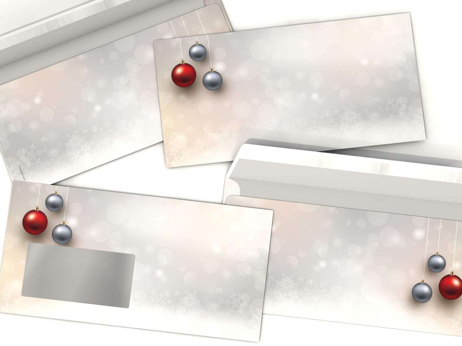 Weihnachtsbriefpapier-Set 100 Blatt A4 + 100 Kuverts mit Fenster | Weihnachtskugeln Rot/Silber | 90g/m² | DIN LANG-Kuverts | Laser/Ink/Copy/Hand | Made in Germany | inkl. Textvorlagen-Download