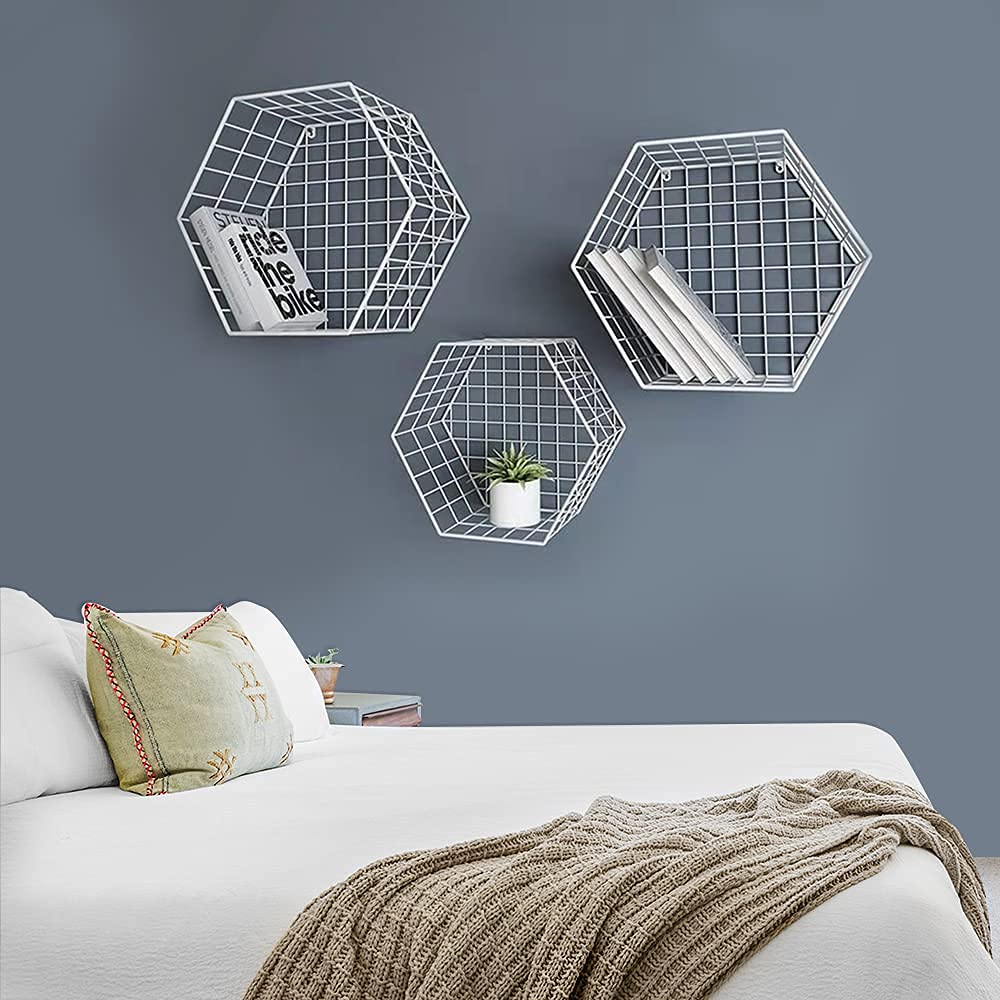 KHBNHJ 3 Estantes De Pared Hexagonales Dorados, Estante Flotante De Alambre Decorativo Montado En La Pared, Estantes Flotantes Geométricos Multiusos, Estantería De Metal Para Dormitorio, Sala De