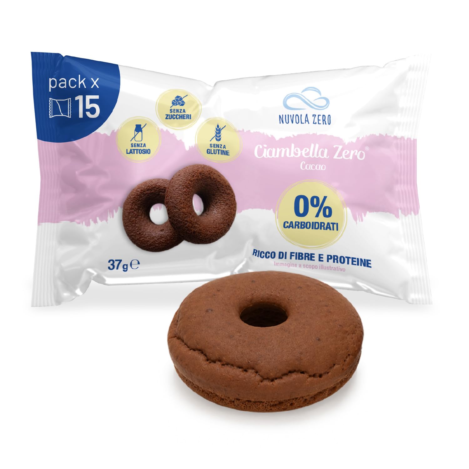 Nuvola Zero – Ciambella Zero, Snack sin Azúcar, Sin Gluten, Sin Lactosa, Sin Carbohidratos, Sabor a Cacao, Paquete de 15 Piezas, Made In Italy.