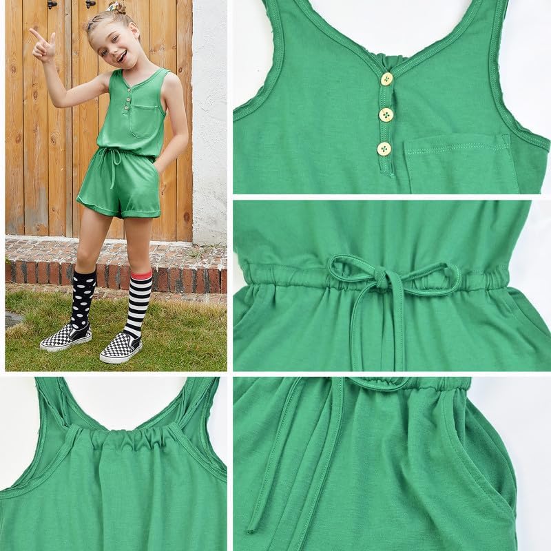 Mirawise Girls Romper Sleeveless Jumpsuit Button Kids Summer Clothes Casual Outfits V Neck Tie Front Shorts with Pocket 4-13Y - Image 5