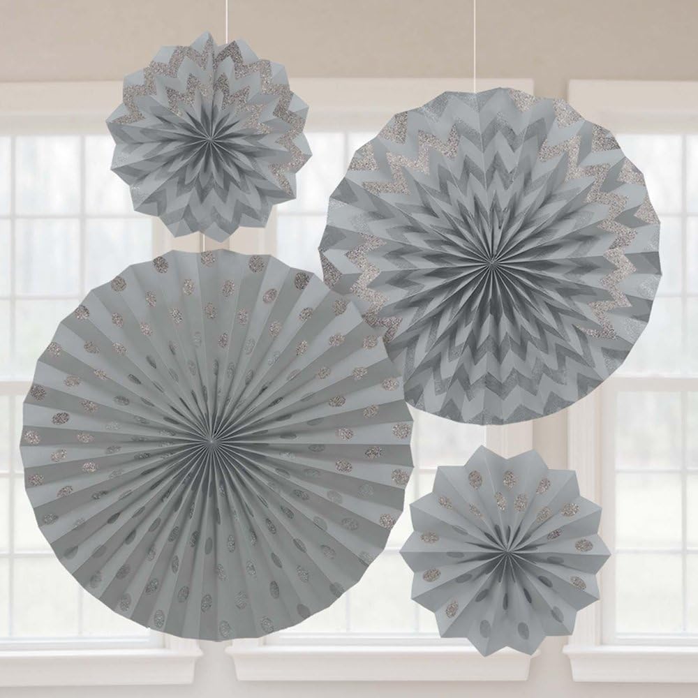 Silver Glitter Hanging Fans (4 ct)