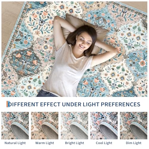 ROYHOME Area Rug - 5x7 Moroccan Trellis Machine Washable Rug Vintage Distressed Floral Carpet Stain Resistant Non-Slip Accent Rug Farmhouse Floor Cover for Dining Bedroom Decor, Blue/Taupe by ROYHOME - Image 6