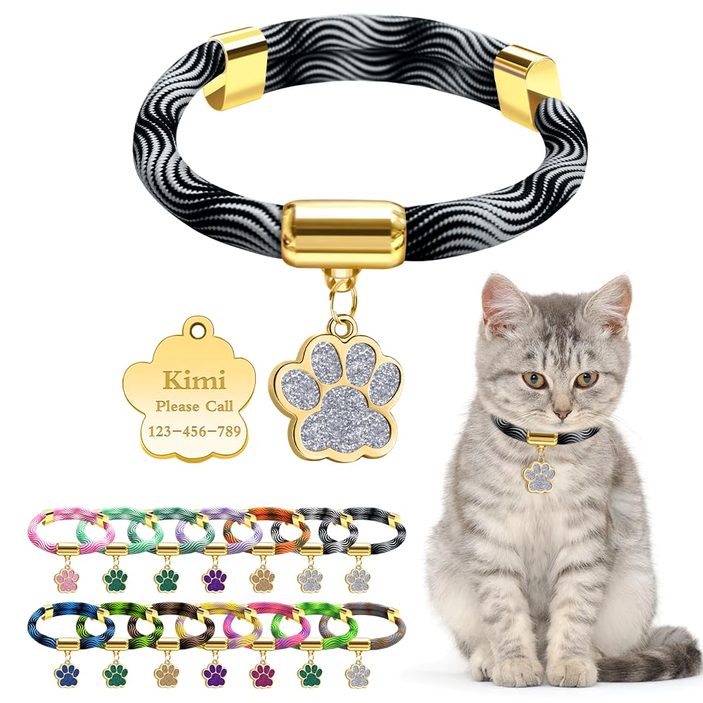 Personalized Breakaway Cat Collars with Magnetic Quick Release Buckle, Custom Engraved Name Tag for Cats (Wavy Black Grey)
