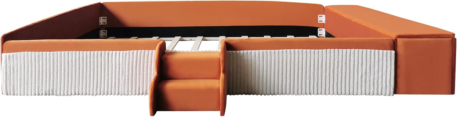 JIJIWANG Queen Size Upholstered Daybed with Stairs and Gas Lift Storage Ottoman, Velvet Floor Bed with Padded Guardrails for Boy, Girl, Kids Brown+White
