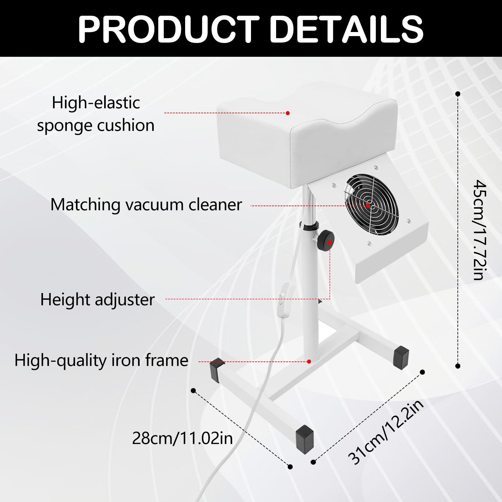 Silla de Pedicura Móvil BONJUME, Reposapiés con Altura Ajustable de 48-80CM, para Salón de Belleza y Estudio de Uñas, Blanco, Material: Acero y Piel Sintética
