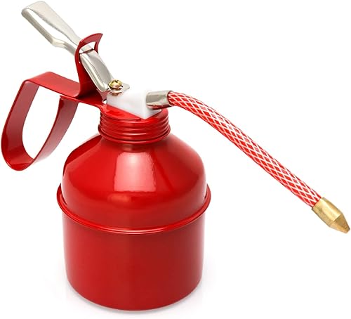 Miniatura 2 de QWORK Lata de aceite, 12 oz (13.5 fl oz) de capacidad para bomba manual, lata de aceite tipo pistola de acero, rojo, tubo flexible, paquete de 2