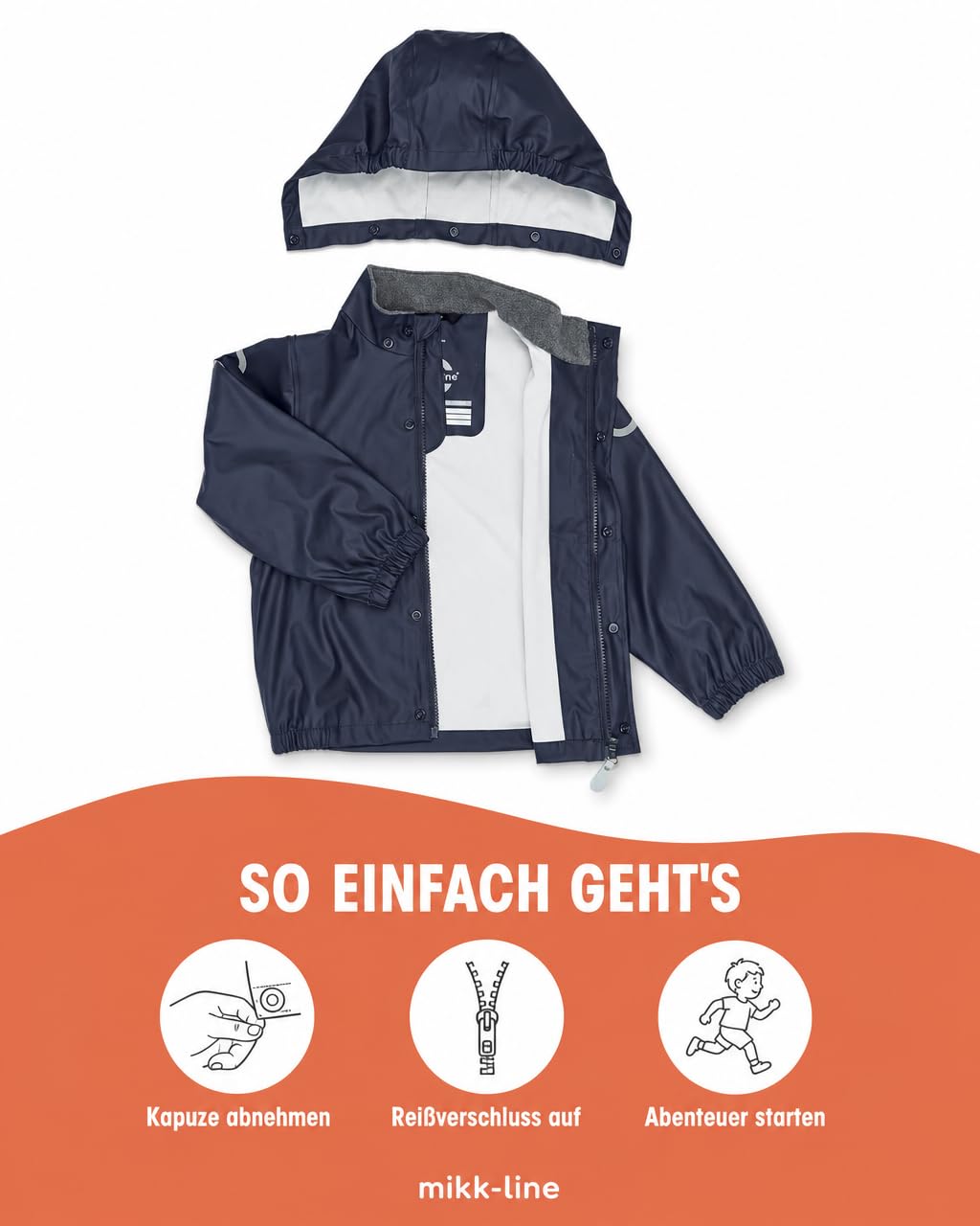 Mikk-line Giacca impermeabile unisex per bambini, impermeabile e antivento, giacca impermeabile per ragazze e ragazzi con riflettori e cappuccio rimovibile | giacca leggera Oeko-Tex