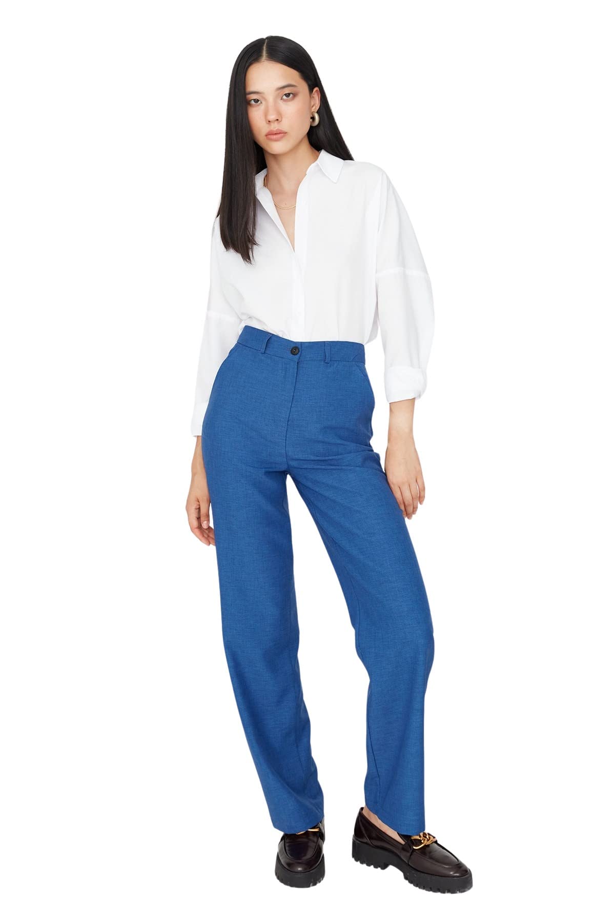 TRENDYOL Damen Trendyol Men's High Waisted Cigarette Cut Trousers Pants, Marineblau, 34 EU