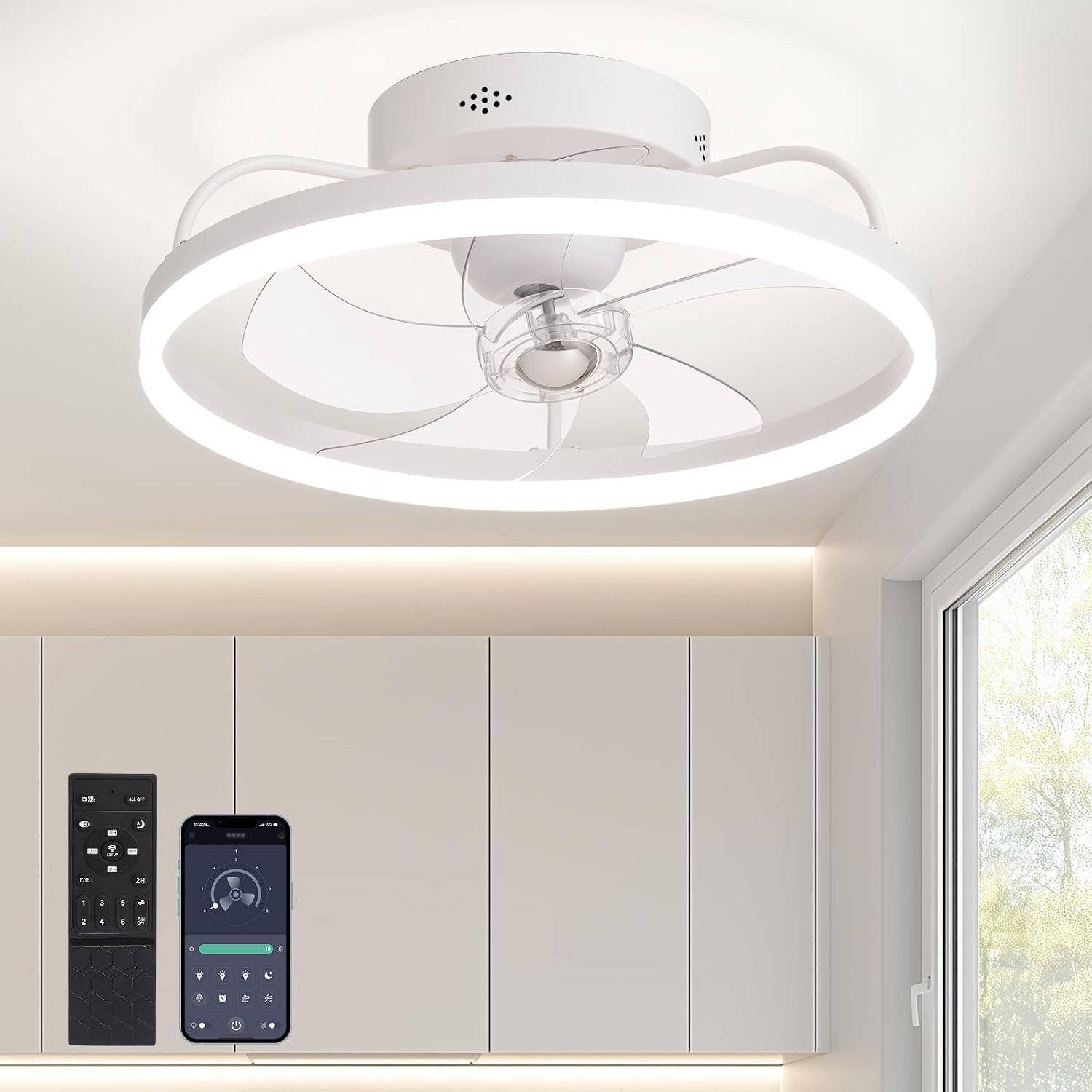 Ceiling Fans with Lights, 360° Rotating Ceiling Fan with Lights and Remote, 6 Wind Speeds Flush Mount Ceiling Fan for Bedroom, Dining Room and Kitchen 20" (White) White-360° Rotating-LL-6002WH-03