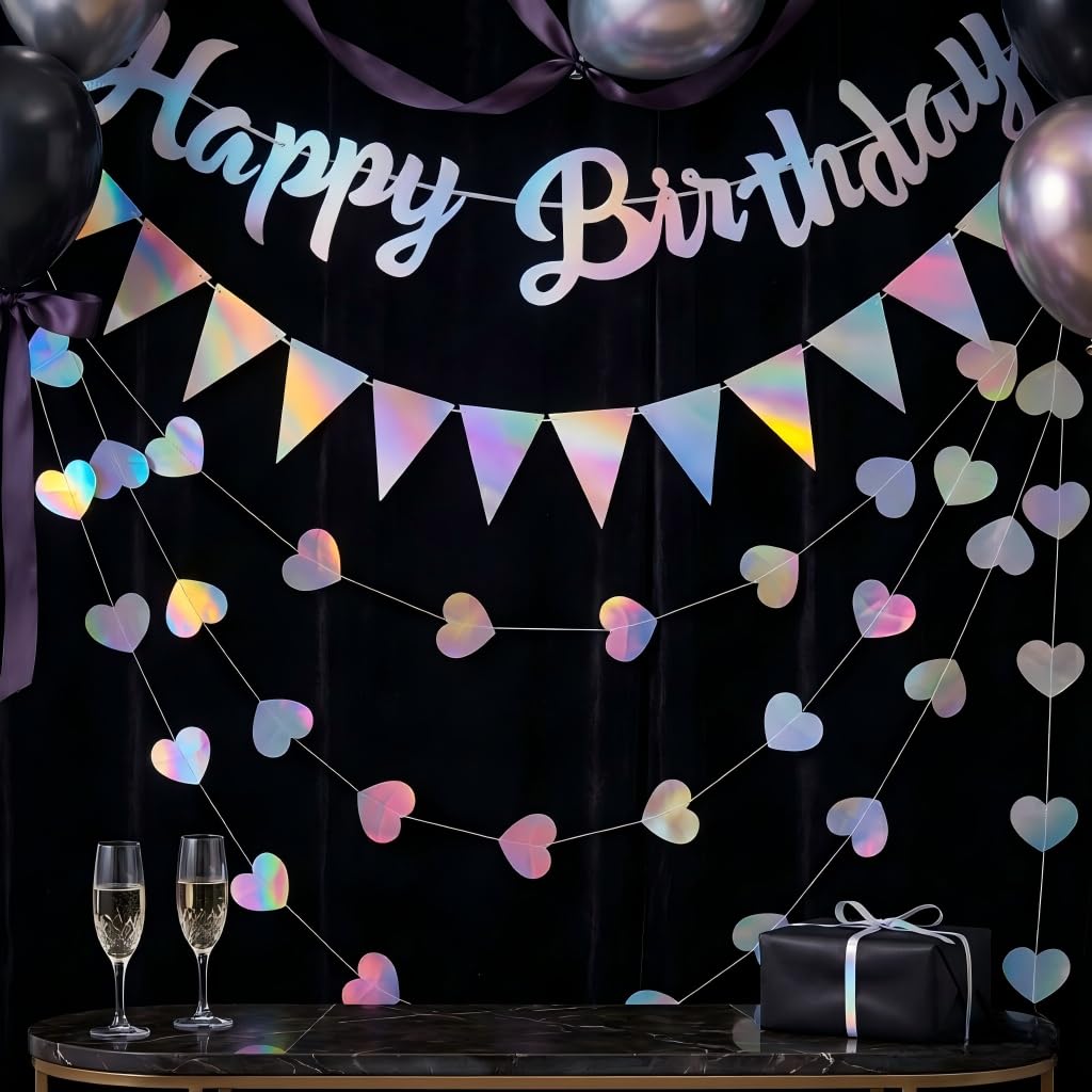 Rainbow Happy Birthday Banner Set - Iridescent Party Decorations with Heart Garland & Triangle Flags - Easy to Install Adult Party Backdrop for Birthday Celebration