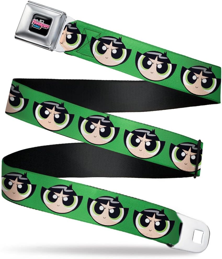 Warner Bros. Animation Belt, Seatbelt Buckle Belt, The Powerpuff Girls Buttercup Face Close Up Green, Adjustable